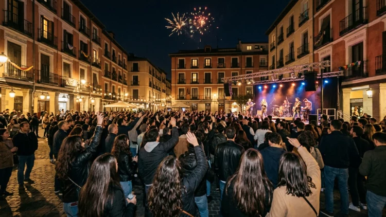 Público en un concierto al aire libre con fuegos artificiales al fondo
