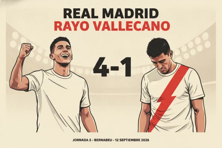 Matchcard ilustrado con un jugador del Real Madrid celebrando y uno del Rayo Vallecano cabizbajo, marcador 4-1