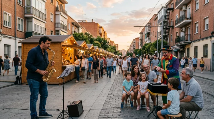 Saxofonista, espectáculo de magia familiar y casetas de artesanía en un bulevar de Vallecas