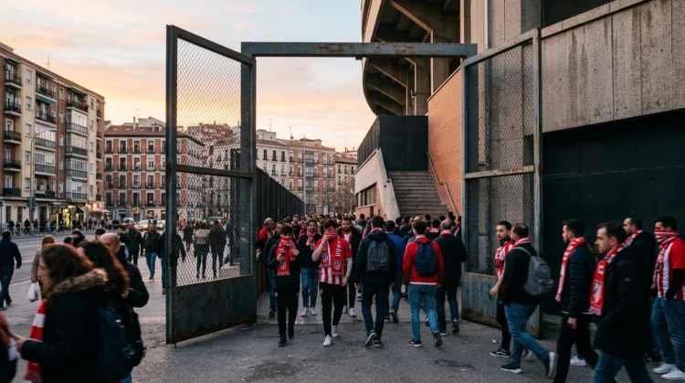 Aficionados rayistas atraviesan una puerta abierta de un estadio urbano