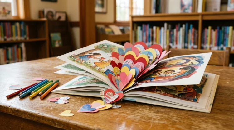 Libro infantil abierto con corazones de papel de colores en una biblioteca