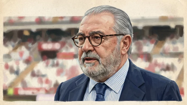 Ilustración editorial de José María Sardá, vicepresidente del Rayo Vallecano, con el Estadio de Vallecas al fondo
