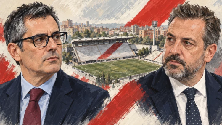 Retratos ilustrados de Félix Bolaños y Mariano de Paco ante el Estadio de Vallecas
