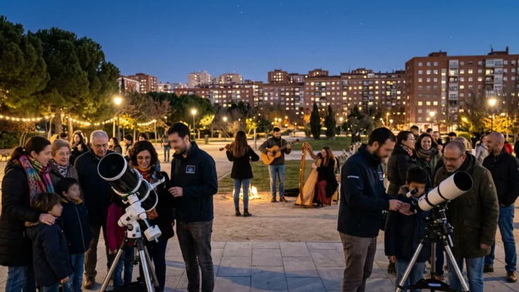 Familias observan el cielo con telescopios durante una actividad cultural al aire libre