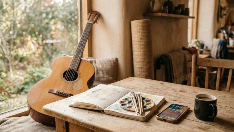 Guitarra, pinceles, cuaderno y teléfono móvil sobre una mesa de trabajo