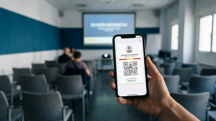 Teléfono móvil con una identificación digital en una sala preparada para una charla