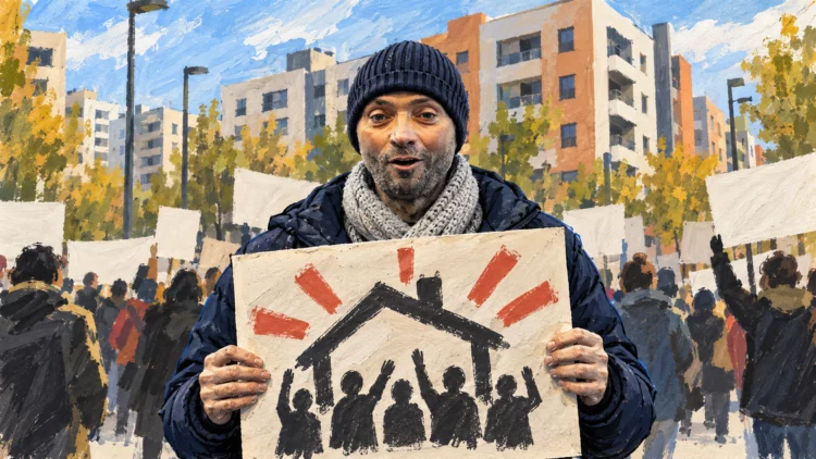 Ilustración de David, con gorro negro y bufanda gris, en una movilización por la vivienda en el Ensanche de Vallecas