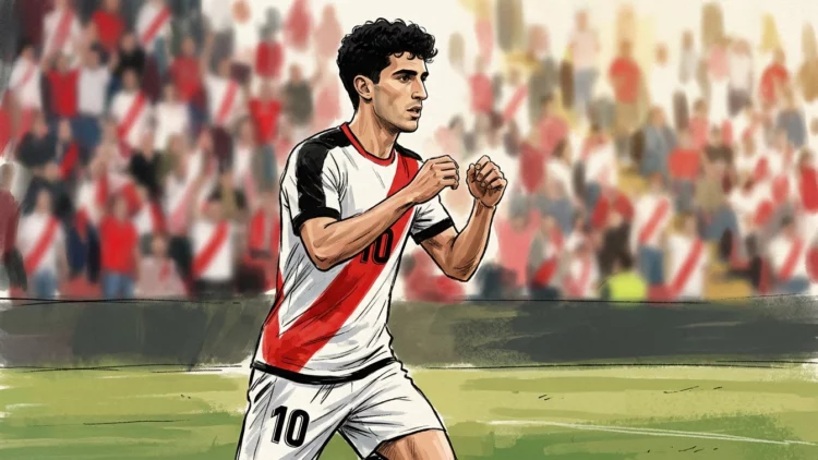 Ilustración de Sergio Camello con la camiseta blanca y la franja roja del Rayo Vallecano