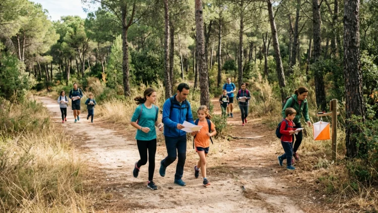 Familias con mapas participan en una carrera de orientación entre pinos