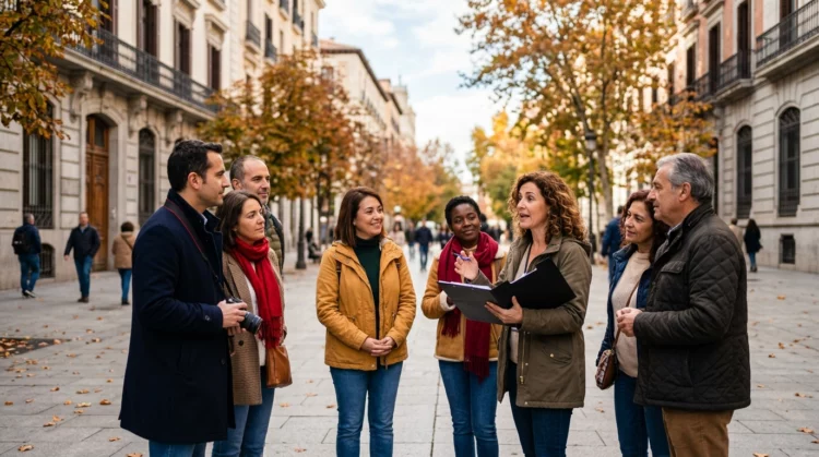 Grupo de personas adultas escucha a una guía durante un paseo urbano de otoño