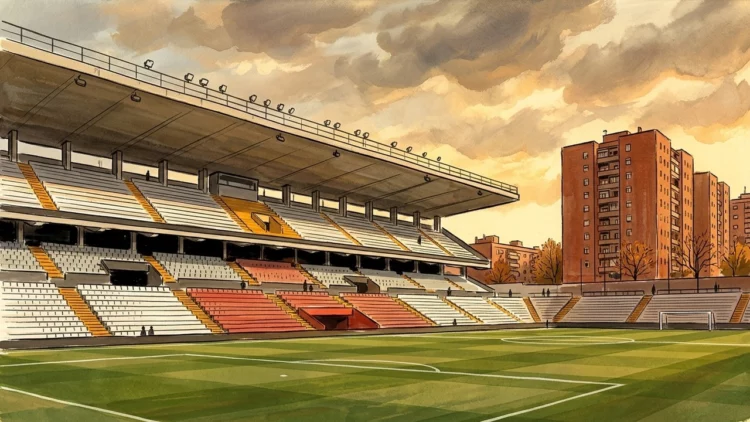 Ilustración de la grada principal del Estadio de Vallecas, con su cubierta de hormigón en voladizo y los focos, los pasillos amarillos entre los asientos blancos y rojos, y al fondo los bloques de viviendas de ladrillo junto al campo.