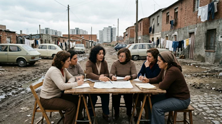 Reunión vecinal en una calle sin asfaltar del Vallecas de los años setenta