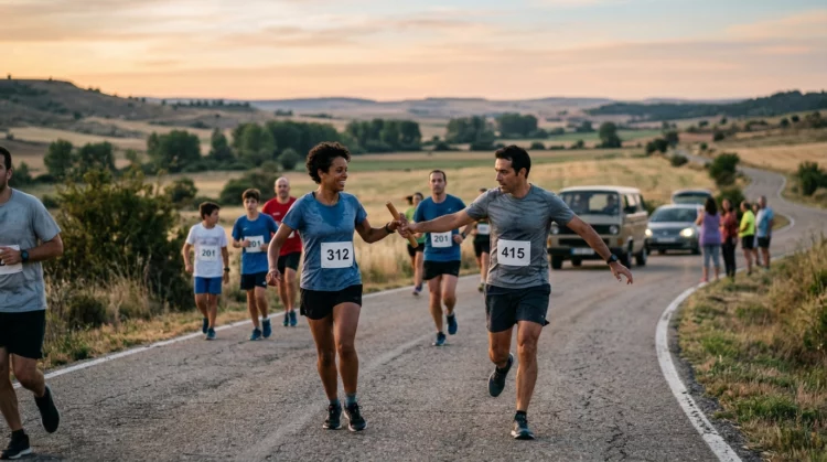 Corredores intercambian el testigo en una carrera popular de relevos por carretera