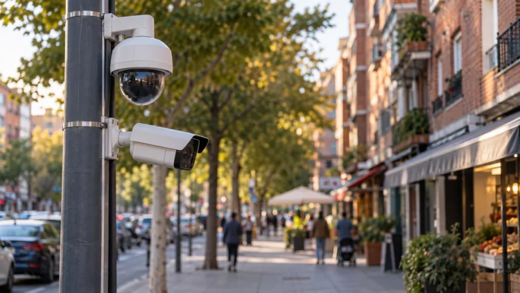 Cámaras de videovigilancia instaladas en un poste de una calle arbolada de Vallecas