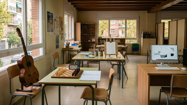 Aula preparada con guitarra, ajedrez, pintura, matemáticas y diseño gráfico