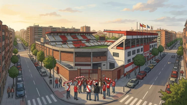 Exterior del Estadio de Vallecas con aficionados en los alrededores