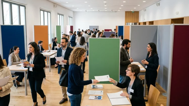 Personas entregan currículums y conversan con orientadores en una feria de empleo