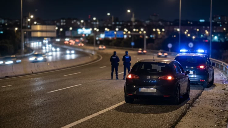 Control policial nocturno recreado en una autovía urbana, con un turismo detenido en el arcén