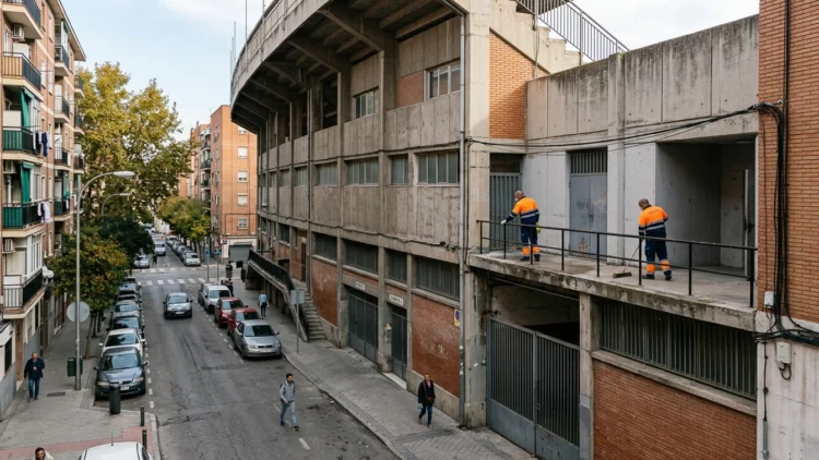 Exterior de un estadio urbano durante trabajos de limpieza y mantenimiento