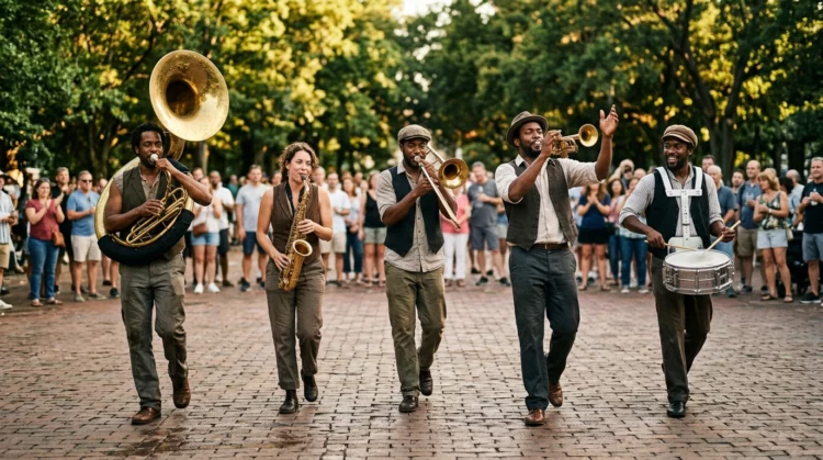 Banda de jazz con instrumentos de viento y percusión en un desfile al aire libre