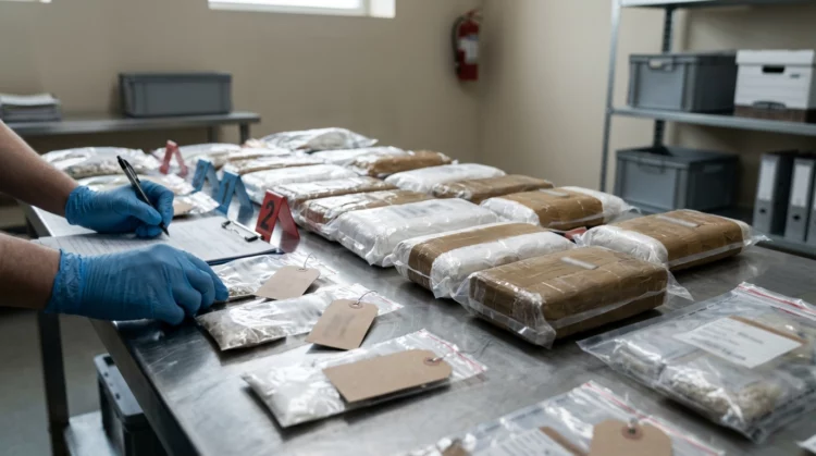 Paquetes y bolsas de sustancias dispuestos sobre una mesa de inspección