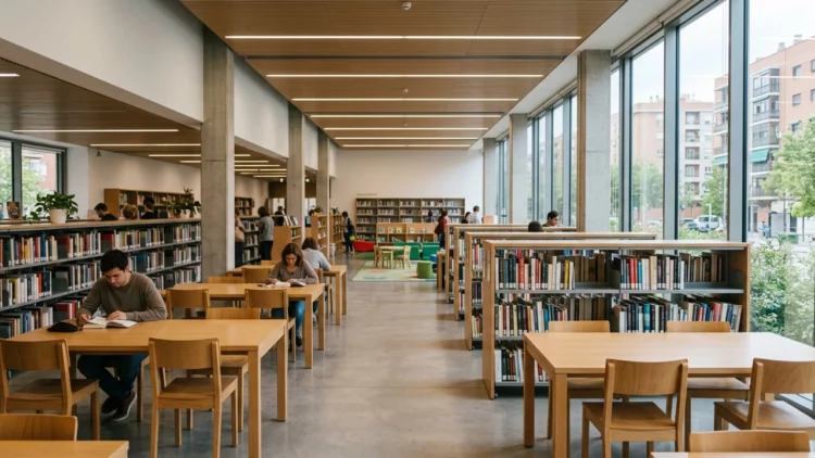 Interior luminoso de una biblioteca pública contemporánea con estanterías, mesas de lectura y zona infantil