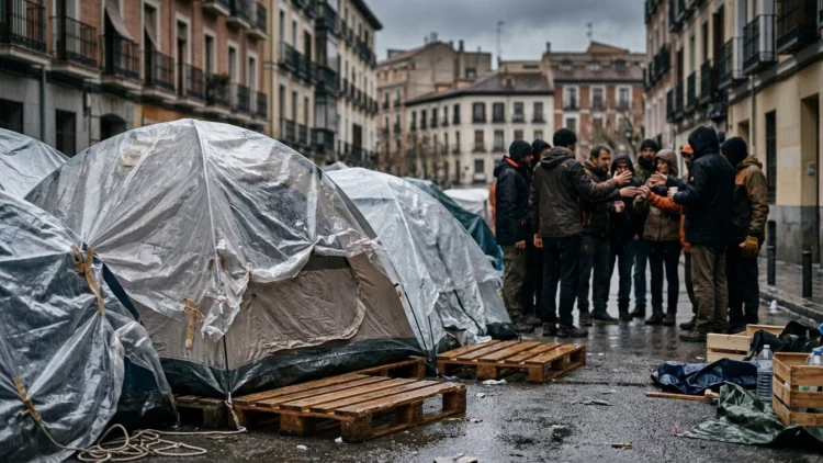Tiendas de campaña protegidas de la lluvia durante una movilización por la vivienda