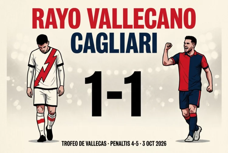 Matchcard del empate 1-1 entre Rayo Vallecano y Cagliari, con triunfo italiano 4-5 en los penaltis