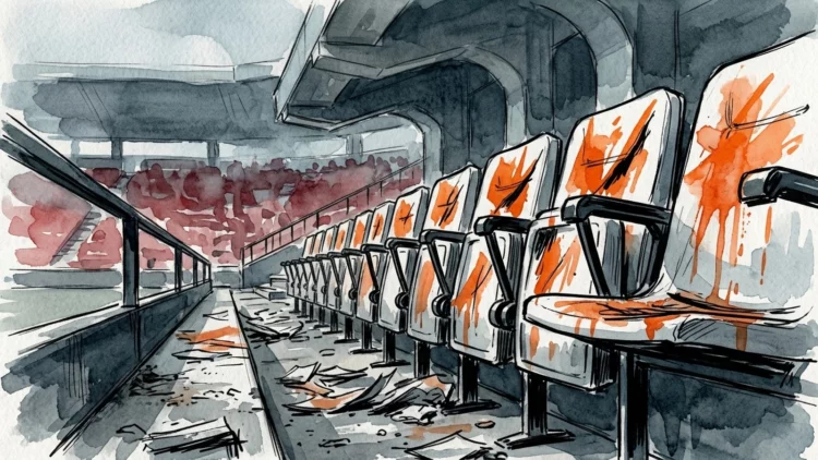 Ilustración a tinta y acuarela de una fila de butacas de un estadio, rajadas y manchadas de pintura naranja, con restos por el suelo