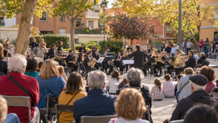 Banda de música actuando ante público familiar en una plaza de barrio durante el otoño