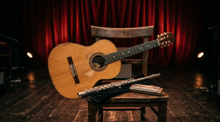 Guitarra flamenca, flauta y armónica sobre un escenario