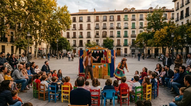 Familias viendo una función de teatro infantil al aire libre