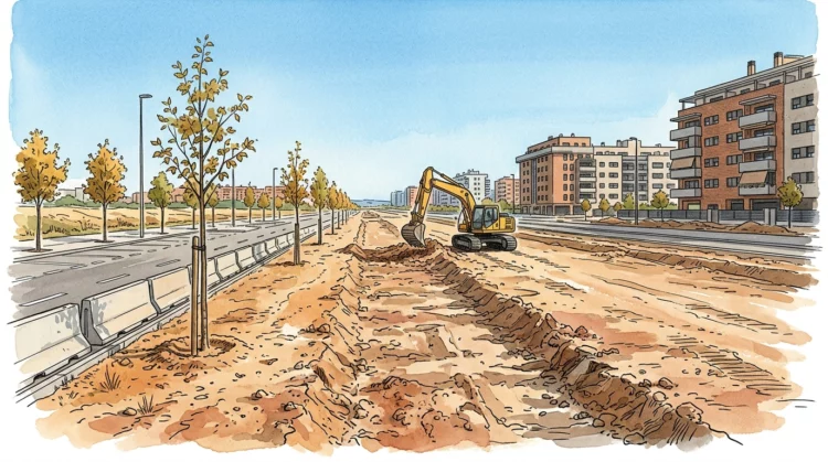 Obras en la franja central de la Gran Vía del Sureste, en el Ensanche de Vallecas