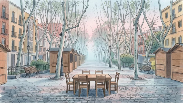 Ilustración a acuarela del bulevar de Peña Gorbea al amanecer, con una mesa y sillas vacías en primer plano entre plátanos y casetas de madera