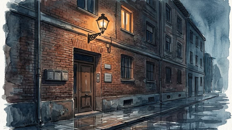Ilustración a tinta y acuarela de un portal de ladrillo en una calle de barrio de noche, con un farol encendido y una ventana iluminada