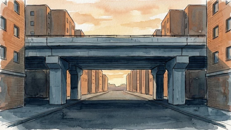 Ilustración a acuarela de un paso elevado de hormigón sobre una avenida entre bloques de ladrillo, al atardecer