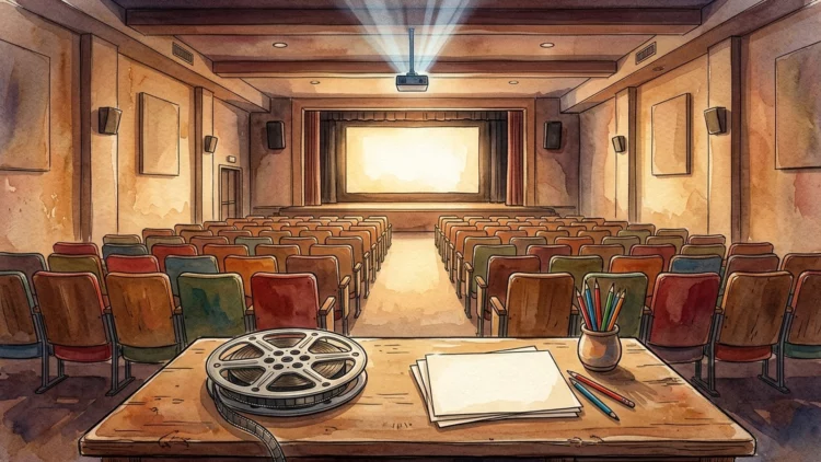 Ilustración a acuarela de un salón de actos con butacas de colores vacías, una pantalla encendida, una bobina de cine y lápices sobre una mesa